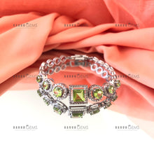 Load image into Gallery viewer, Individually Hand-crafted Peridot Gemstone Silver Bracelet surrounded by Cubic Zirconia & Rhodium.