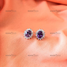 Load image into Gallery viewer, Individually Hand-crafted Pair of Silver Amethyst Gemstone Studs surrounded by Cubic Zirconia & Rhodium.