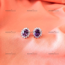 Load image into Gallery viewer, Individually Hand-crafted Pair of Silver Amethyst Gemstone Studs surrounded by Cubic Zirconia &amp; Rhodium.
