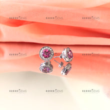Load image into Gallery viewer, Individually Hand-crafted Pair of Silver Pink Topaz Gemstone Studs surrounded by Cubic Zirconia &amp; Rhodium.
