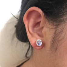 Load image into Gallery viewer, Individually Hand-crafted Pair of Moonstone Gemstone Studs surrounded by Cubic Zirconia & Rhodium.