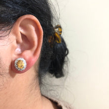 Load image into Gallery viewer, Individually Hand-crafted Pair of Citrine Gemstone Silver Studs surrounded by Cubic Zirconia & Rhodium.