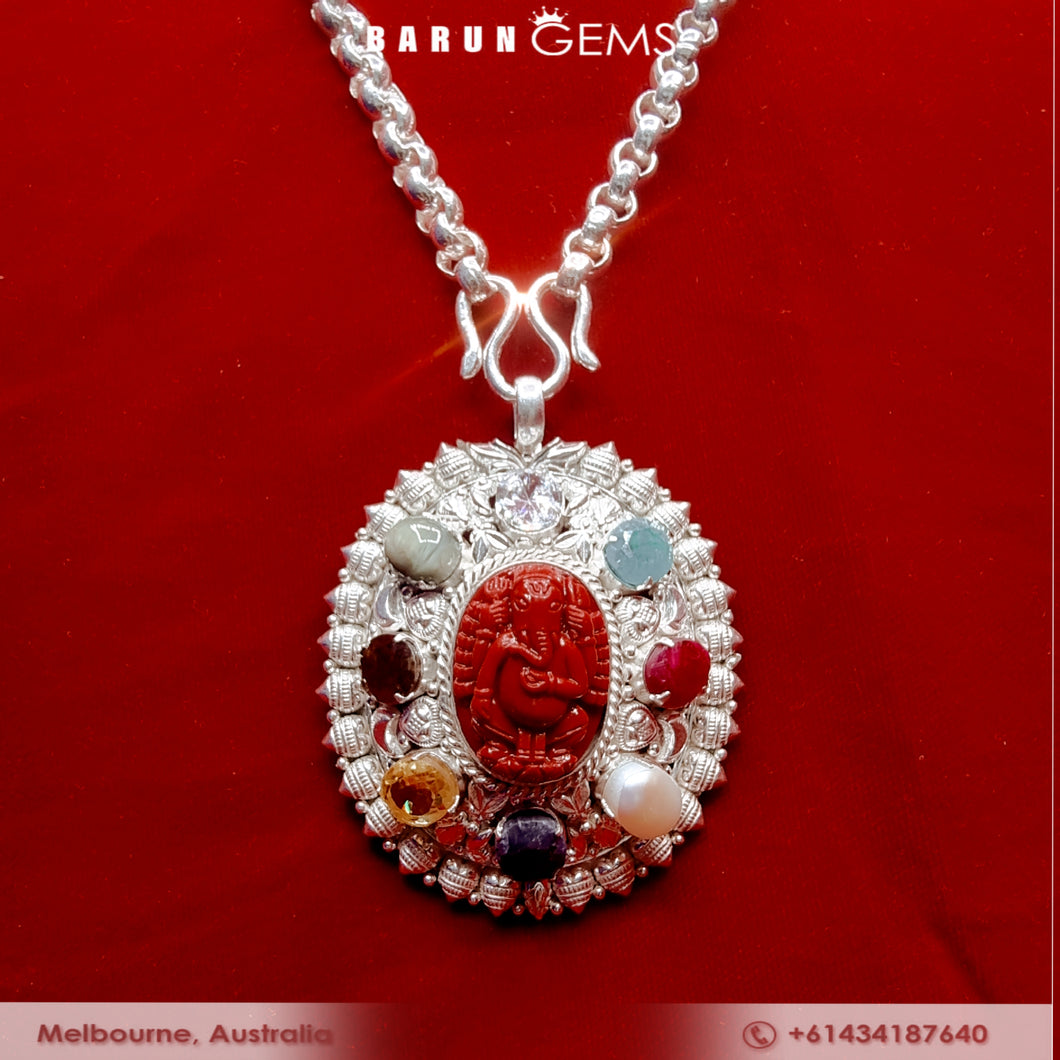 Silver Naworatna  Ganesh Necklace
