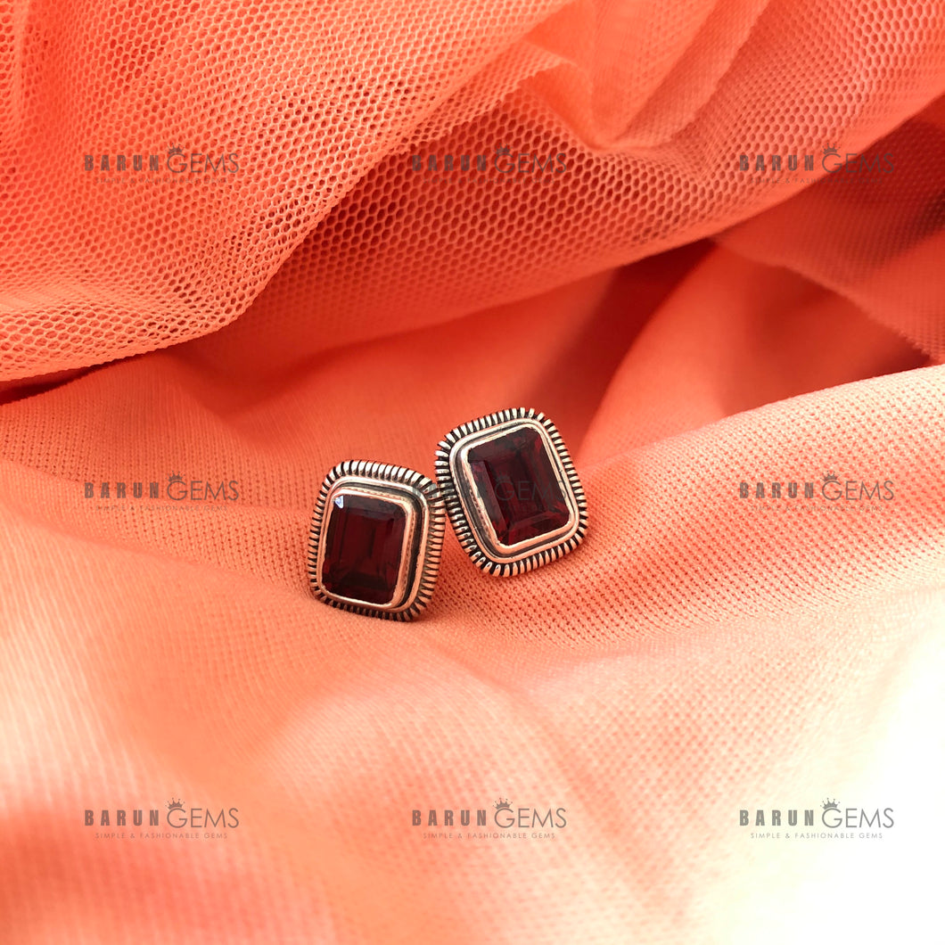 Individually Hand-crafted Pair of Garnet Gemstone Silver Studs.