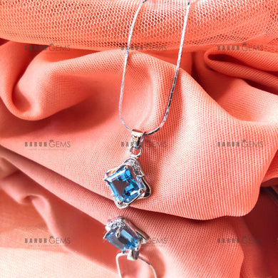 Individually Hand-crafted Swiss Blue Topaz Gemstone Silver Pendant with Silver Necklace.