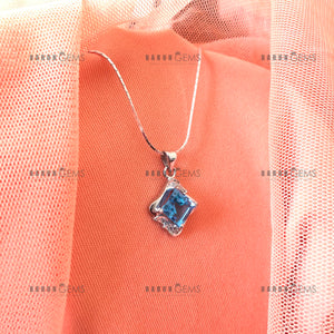 Individually Hand-crafted Swiss Blue Topaz Gemstone Silver Pendant with Silver Necklace.