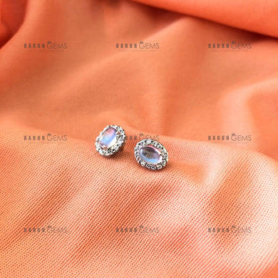 Individually Hand-crafted Pair of Moonstone Gemstone Studs surrounded by Cubic Zirconia & Rhodium.