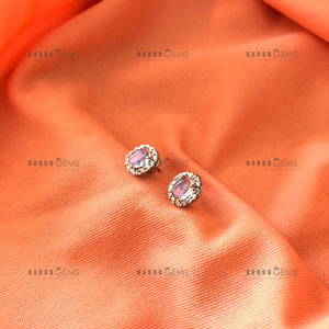Individually Hand-crafted Pair of Moonstone Gemstone Studs surrounded by Cubic Zirconia & Rhodium.