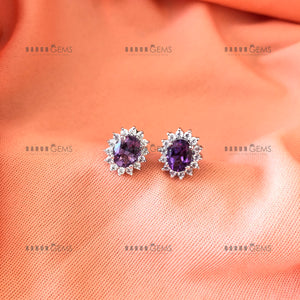 Individually Hand-crafted Pair of Silver Amethyst Gemstone Studs surrounded by Cubic Zirconia &amp; Rhodium.