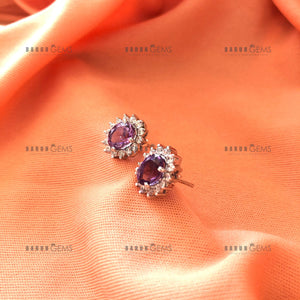 Individually Hand-crafted Pair of Silver Amethyst Gemstone Studs surrounded by Cubic Zirconia &amp; Rhodium.