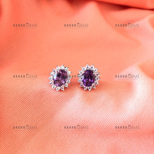 Individually Hand-crafted Pair of Silver Amethyst Gemstone Studs surrounded by Cubic Zirconia &amp; Rhodium.