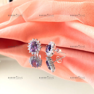 Individually Hand-crafted Pair of Silver Amethyst Gemstone Studs surrounded by Cubic Zirconia & Rhodium.