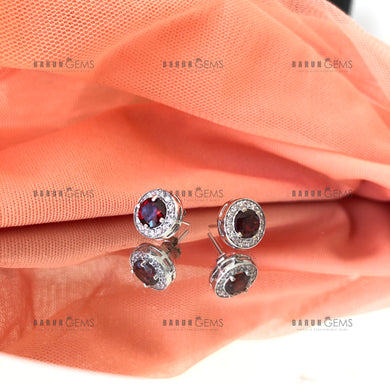 Individually Hand-crafted Pair of Silver Red Garnet Gemstone Studs surrounded by Cubic Zirconia & Rhodium.