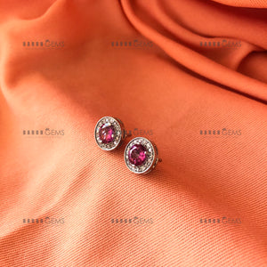 Individually Hand-crafted Pair of Silver Pink Topaz Gemstone Studs surrounded by Cubic Zirconia &amp; Rhodium.