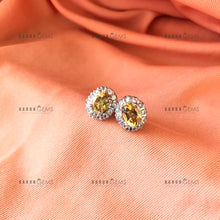 Load image into Gallery viewer, Individually Hand-crafted Pair of Citrine Gemstone Silver Studs surrounded by Cubic Zirconia &amp; Rhodium.
