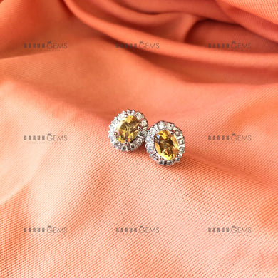 Individually Hand-crafted Pair of Citrine Gemstone Silver Studs surrounded by Cubic Zirconia & Rhodium.