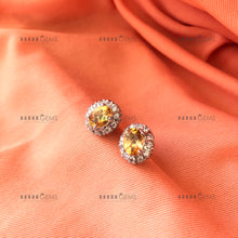 Load image into Gallery viewer, Individually Hand-crafted Pair of Citrine Gemstone Silver Studs surrounded by Cubic Zirconia &amp; Rhodium.
