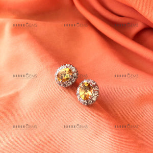 Individually Hand-crafted Pair of Citrine Gemstone Silver Studs surrounded by Cubic Zirconia & Rhodium.