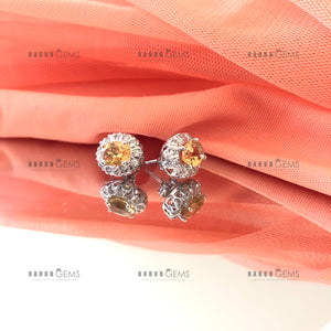 Individually Hand-crafted Pair of Citrine Gemstone Silver Studs surrounded by Cubic Zirconia & Rhodium.