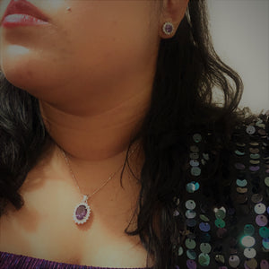 Individually Hand-crafted Silver Amethyst Gemstone Pendant Necklace surrounded by Cubic Zirconia &amp; Rhodium.