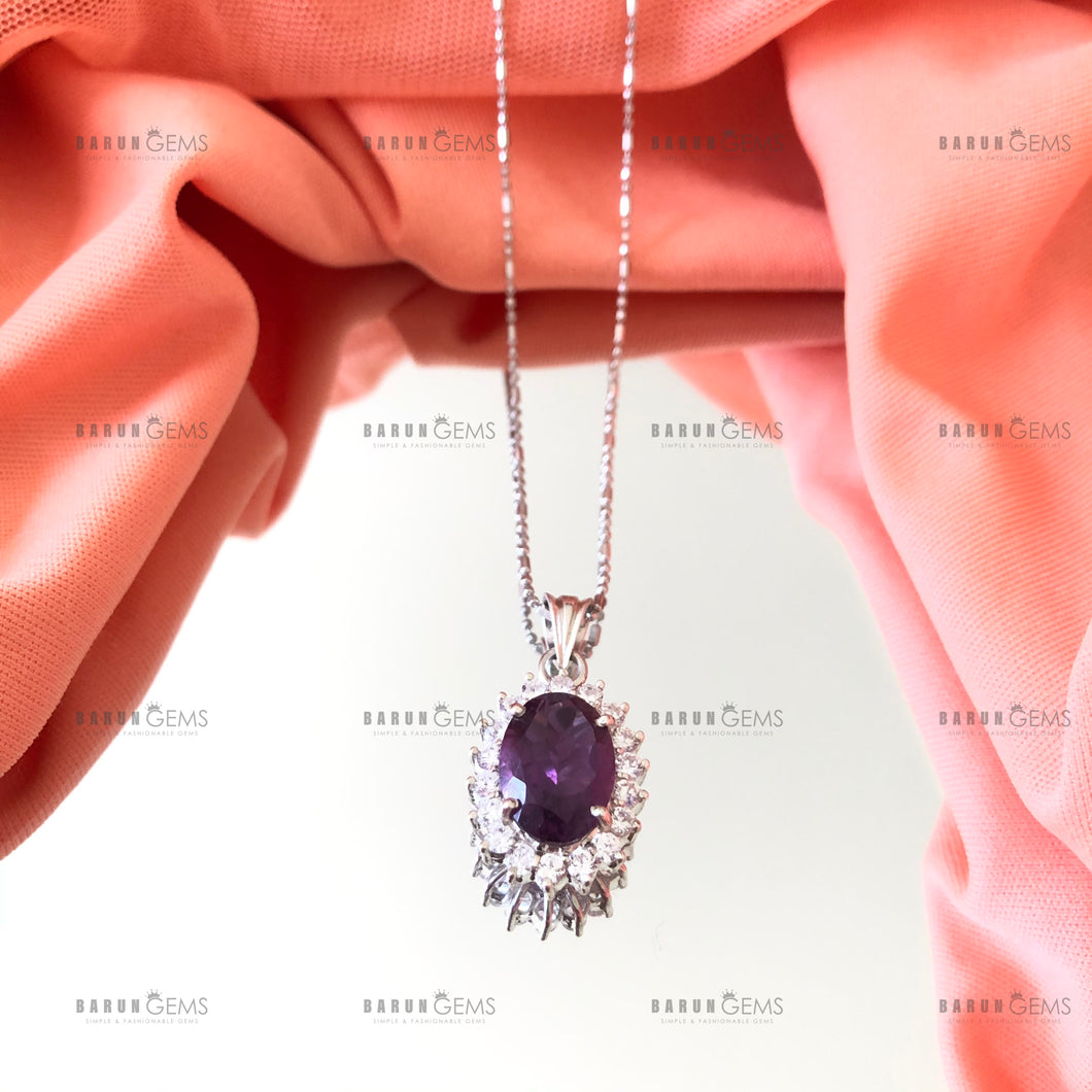 Individually Hand-crafted Silver Amethyst Gemstone Pendant Necklace surrounded by Cubic Zirconia & Rhodium.