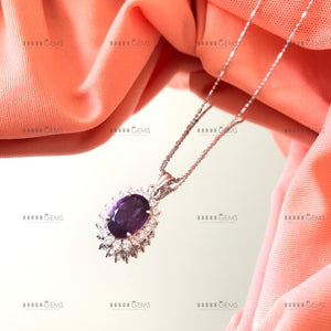 Individually Hand-crafted Silver Amethyst Gemstone Pendant Necklace surrounded by Cubic Zirconia &amp; Rhodium.