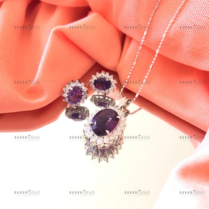 Individually Hand-crafted Silver Amethyst Gemstone Pendant Necklace surrounded by Cubic Zirconia &amp; Rhodium.