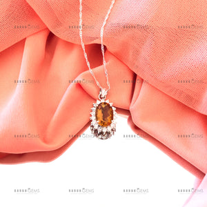 Individually Hand-crafted Silver Citrine Gemstone Pendant Necklace surrounded by Cubic Zirconia &amp; Rhodium.