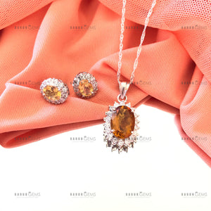 Individually Hand-crafted Silver Citrine Gemstone Pendant Necklace surrounded by Cubic Zirconia &amp; Rhodium.