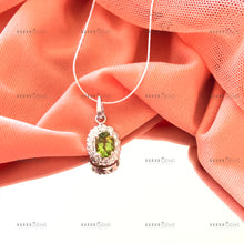 Load image into Gallery viewer, Individually Hand-crafted Silver Peridot&nbsp;Gemstone Pendant Necklace surrounded by Cubic Zirconia &amp; Rhodium.

