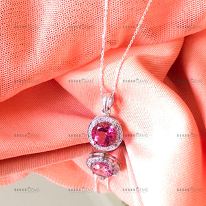 Individually Hand-crafted Silver Pink Topaz Gemstone Pendant Necklace surrounded by Cubic Zirconia &amp; Rhodium.