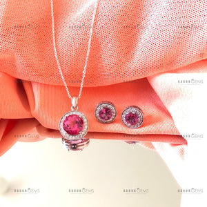 Individually Hand-crafted Silver Pink Topaz Gemstone Pendant Necklace surrounded by Cubic Zirconia &amp; Rhodium.